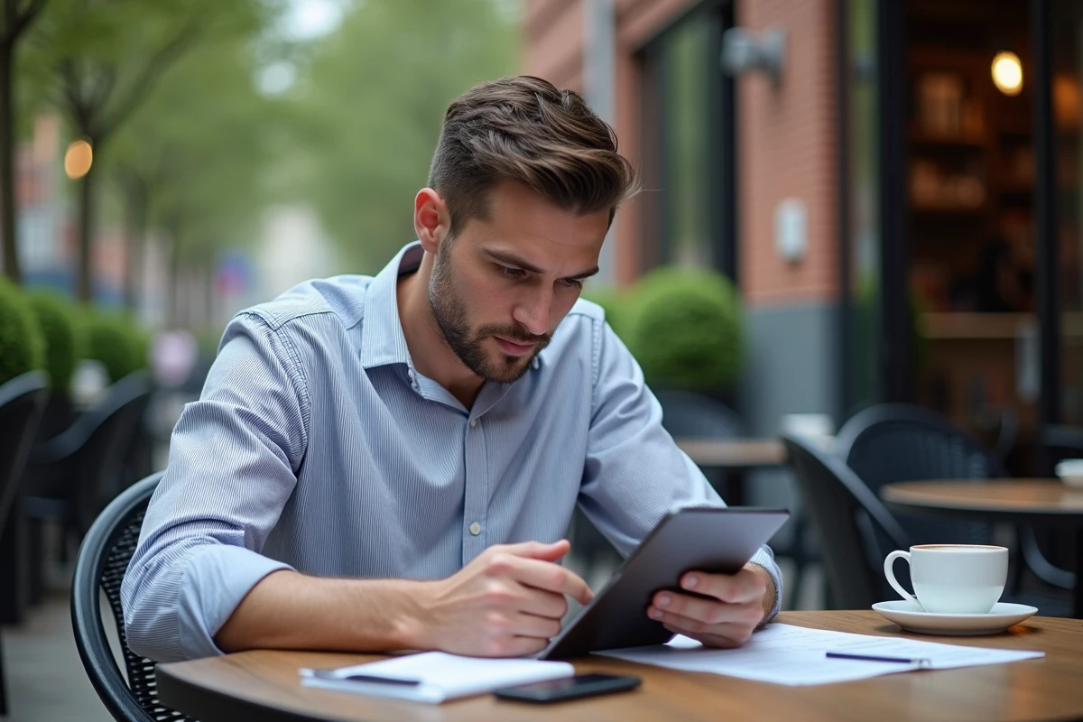 Homme analysant des données sur une tablette en café