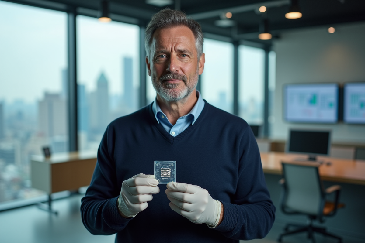 Homme mature montre une puce quantique dans un bureau moderne