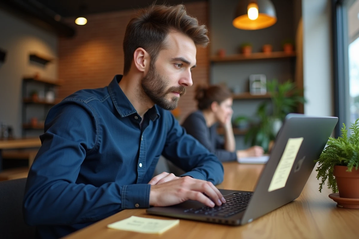 Homme utilisant un clavier mécanique pour saisir des accents espagnols dans un café urbain