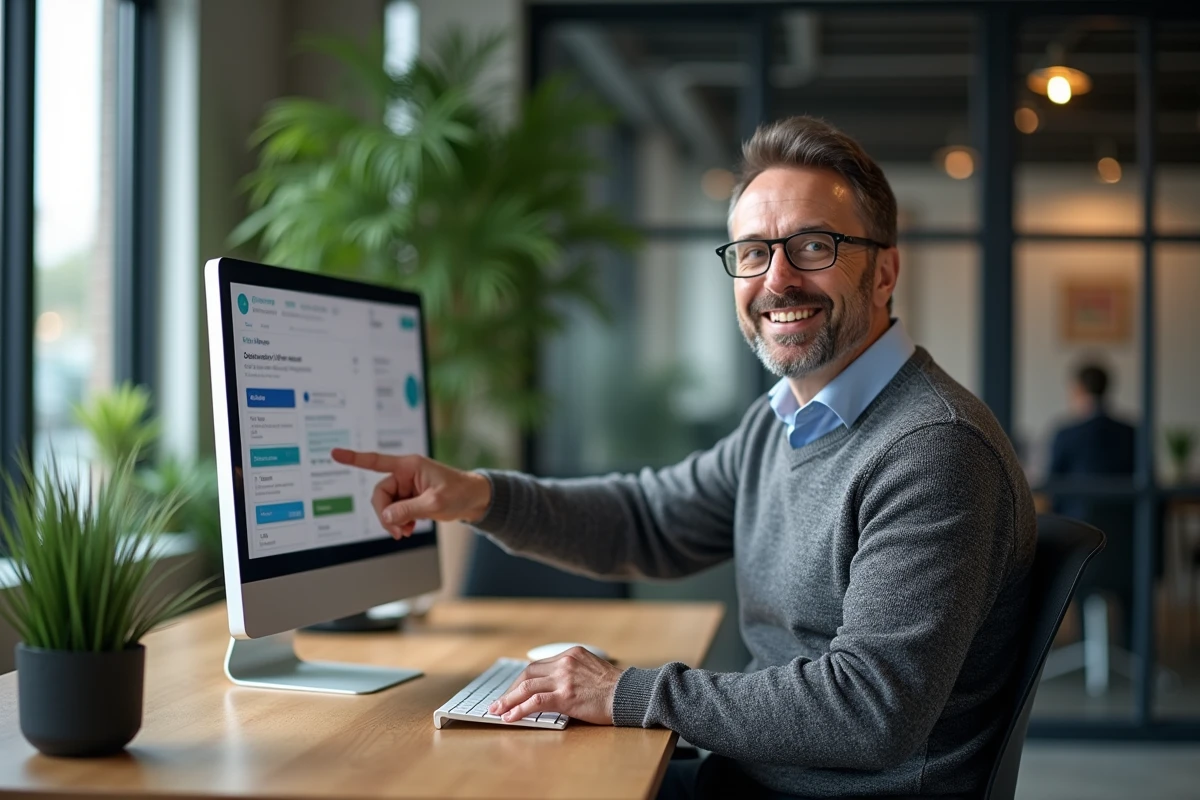 Homme en coworking expliquant un design Canva à un collègue