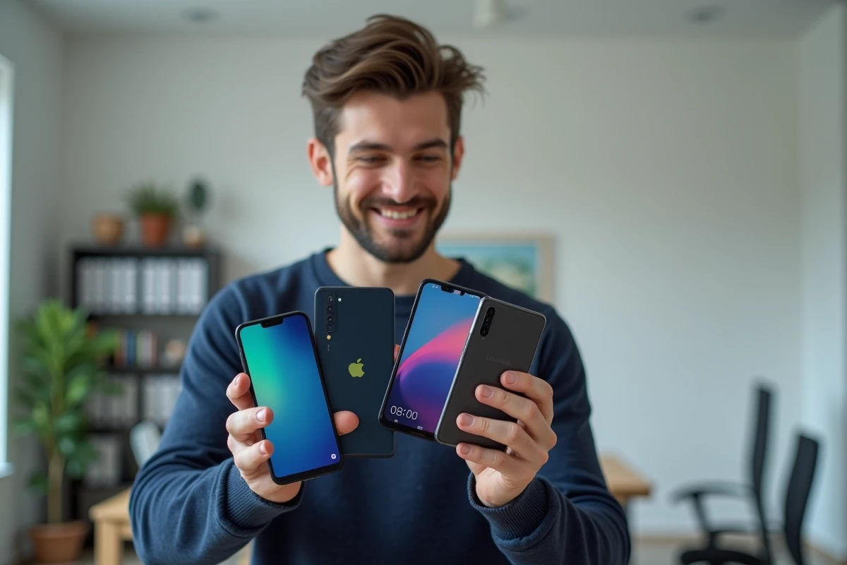 Homme tenant trois smartphones Android en éventail comparant le Xiaomi le Samsung et le Google Pixel