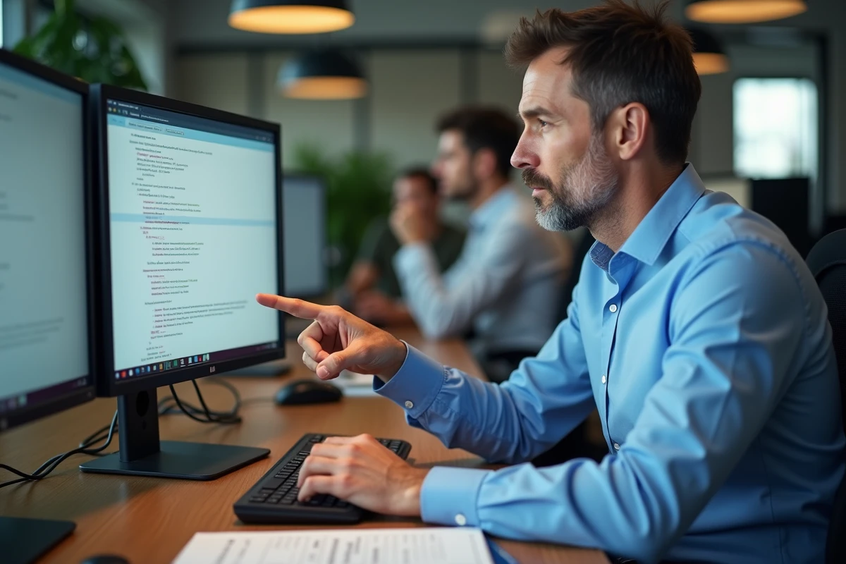 Homme en bureau comparant deux URL de sites web pour identifier un site frauduleux