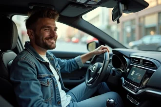 Homme en denim dans une voiture moderne en ville