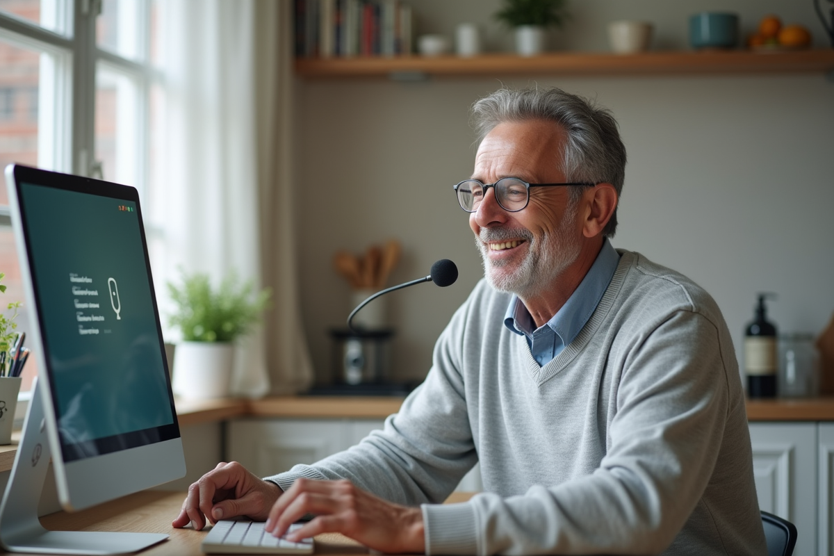 Homme configure la reconnaissance vocale dans la cuisine