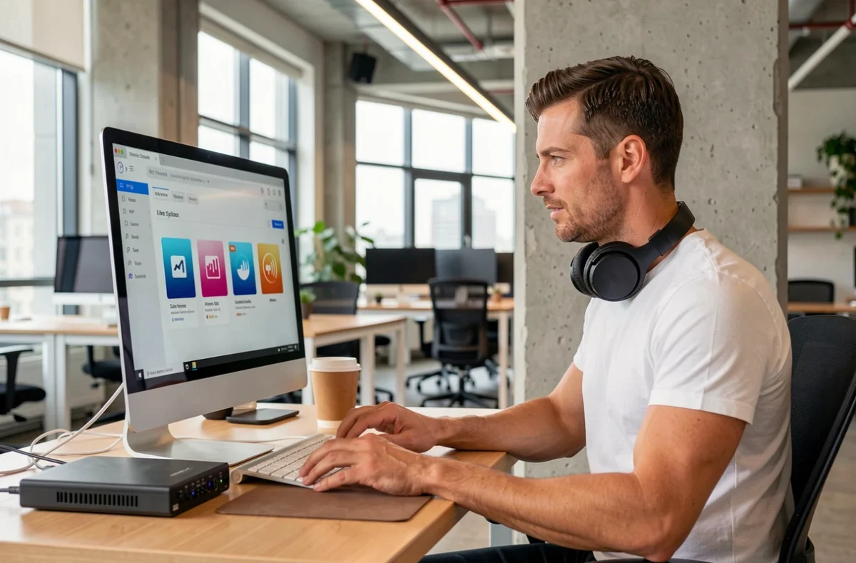 Homme utilisant un logiciel de conversion audio MP3 dans un espace de coworking moderne, illustrant les pratiques numériques et la législation musicale