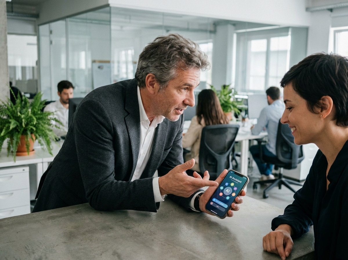 Homme français montrant une application AI à un collègue dans un bureau