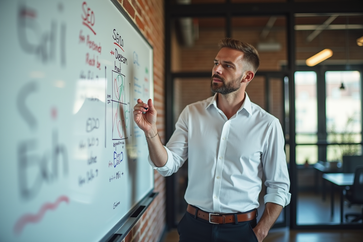Homme expliquant un diagramme SEO devant un tableau blanc en réunion