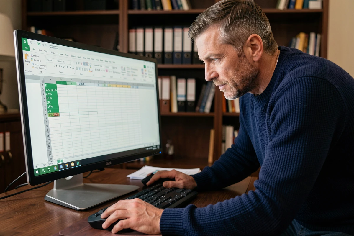 Homme consultant une feuille de calcul Excel avec des formules de pourcentage sur un écran de bureau à domicile