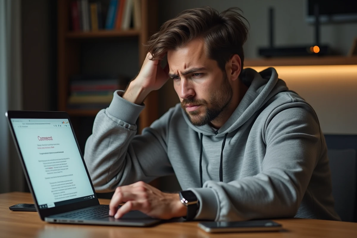 Homme frustré devant son ordinateur portable affichant une erreur de connexion sur son réseau Wi-Fi à domicile
