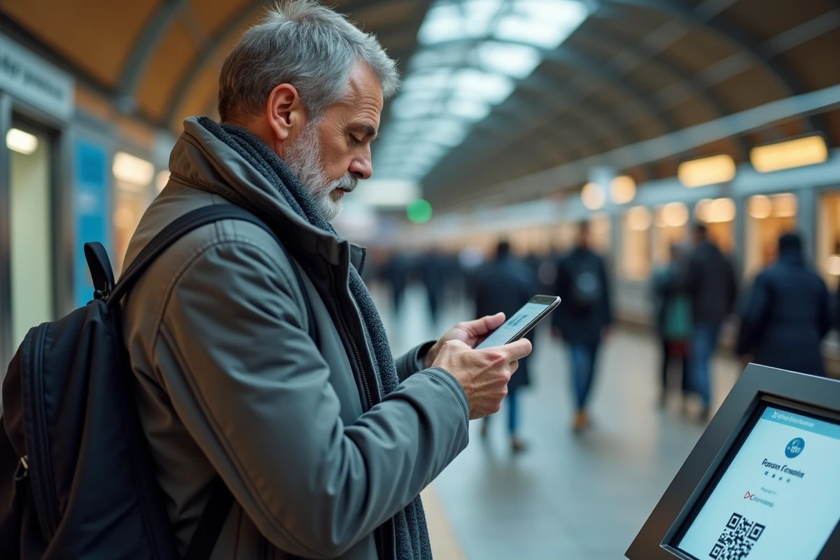 Homme scannant un QR code dans une gare de Limoges