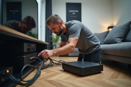Homme inspectant les câbles derrière une Freebox pour diagnostiquer une erreur de connexion 20 FF