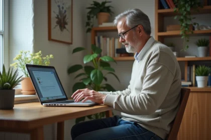 Homme d'âge moyen travaillant sur son ordinateur à la maison