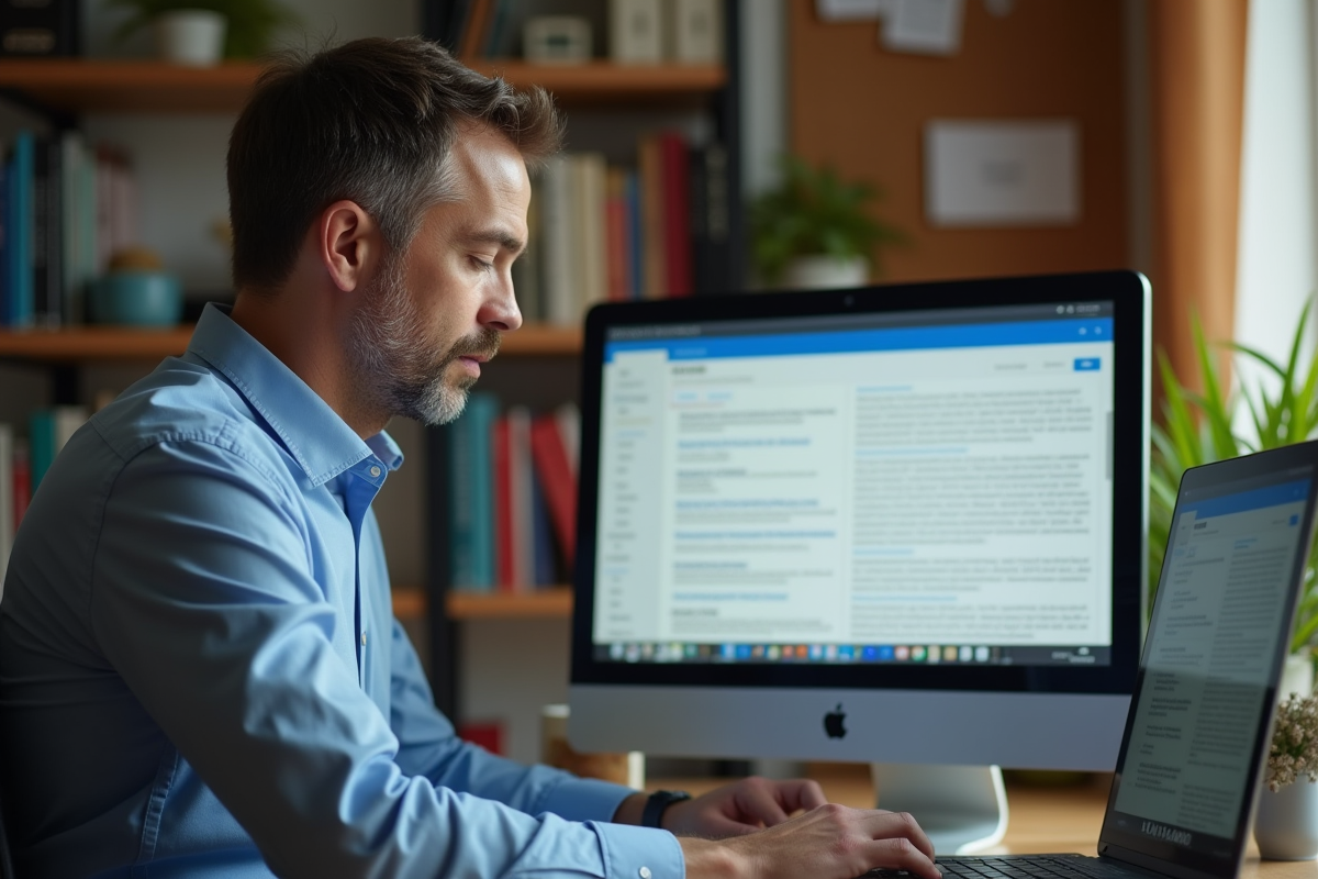 Homme lisant un flux RSS dans son bureau à domicile
