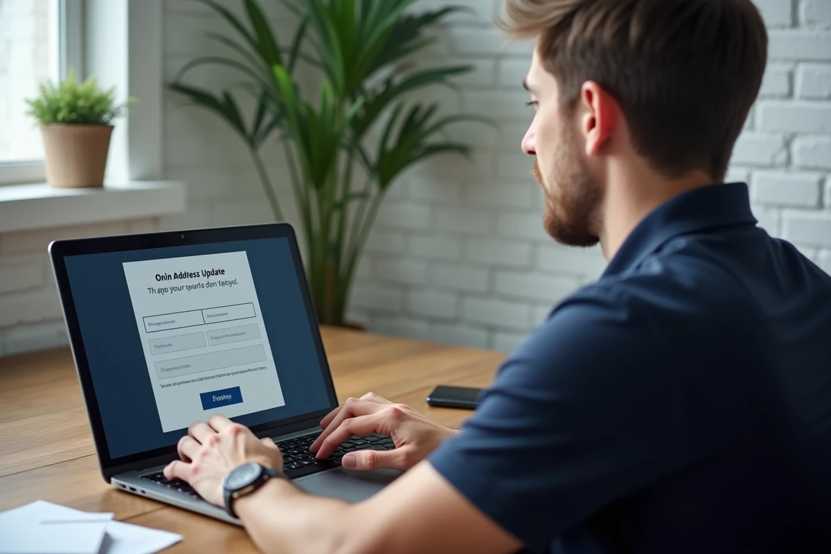 Homme effectuant une mise à jour d'adresse administrative en ligne sur un ordinateur portable depuis son bureau à domicile