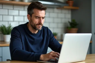 Homme en cuisine regardant un message d'erreur sur son ordinateur