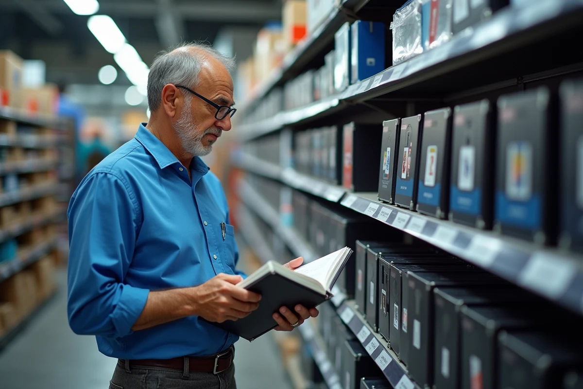 Homme en magasin informatique compare disques durs