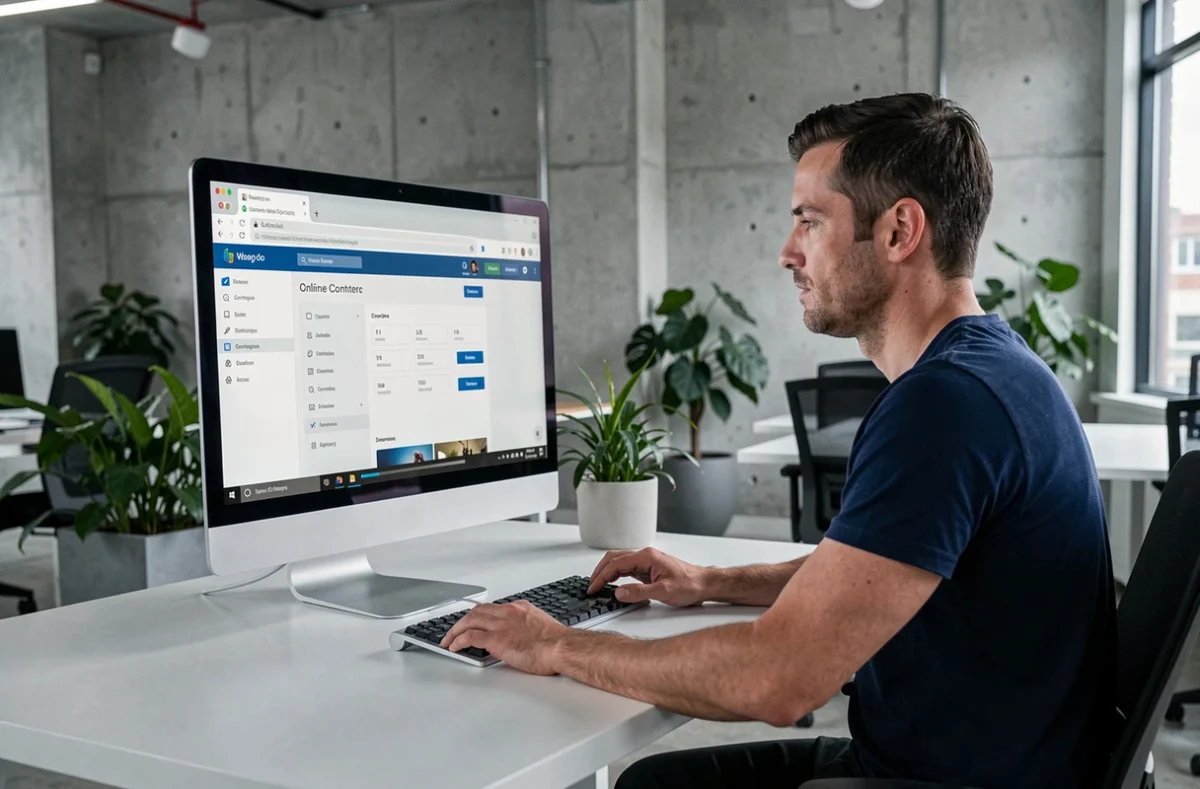 Homme utilisant un outil de conversion vidéo en ligne sur un grand écran dans un espace de coworking