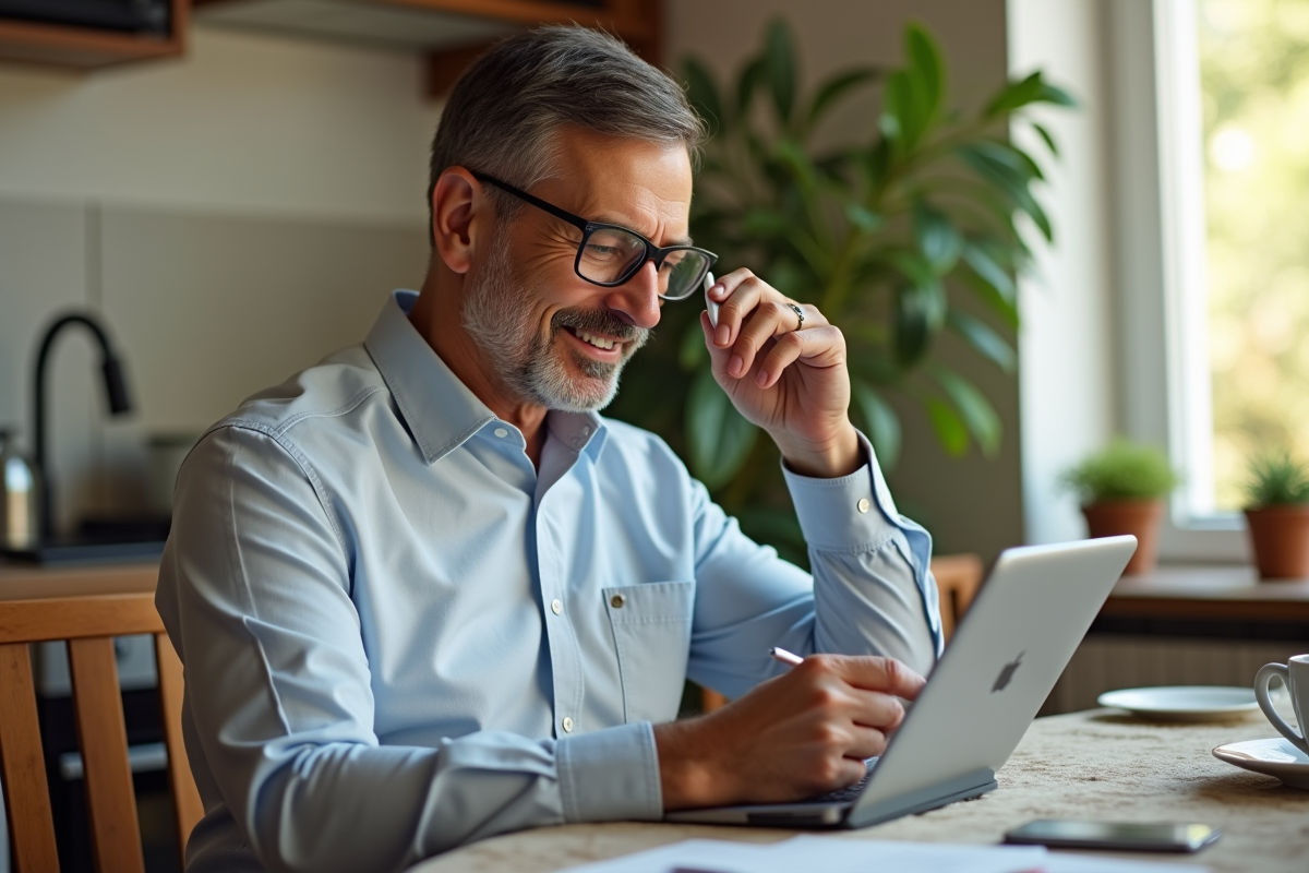 Homme d age moyen consultant un email sur une tablette à la maison