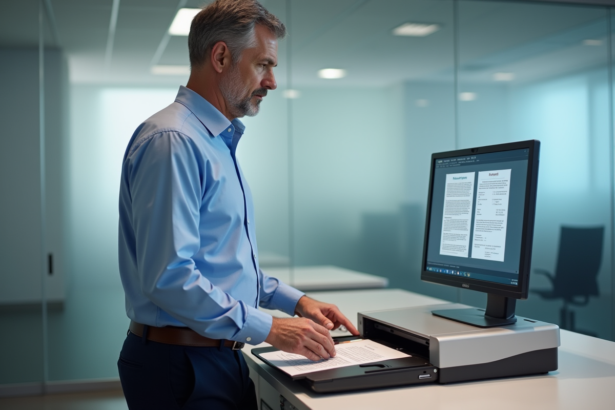 Homme d affaires utilisant un scanner pour numériser des documents officiels