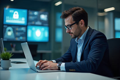 Homme d affaires concentré sur son ordinateur dans un bureau moderne