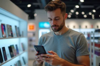 Homme examinant un smartphone Android pas cher dans un magasin d'électronique