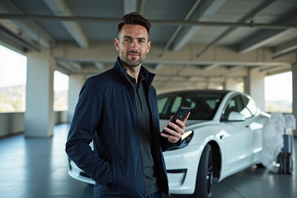 Homme tenant un smartphone avec interface Tesla à côté d'une Tesla Model 3 blanche dans un parking urbain moderne
