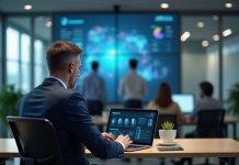 Désavantages de l’IA : analyse des impacts négatifs sur la société Homme d'affaires stressé analysant un rapport numérique dans un bureau moderne