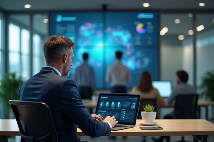 homme-stress-rapport-analytique Homme d'affaires stressé analysant un rapport numérique dans un bureau moderne