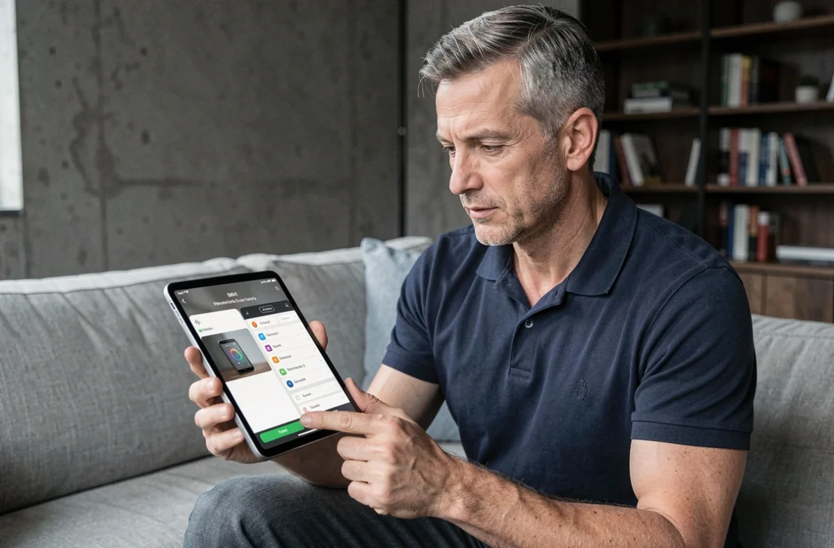Homme comparant des applications sur une tablette Android dans un salon contemporain