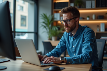 Homme en tech avec ordinateur portable dans un bureau moderne