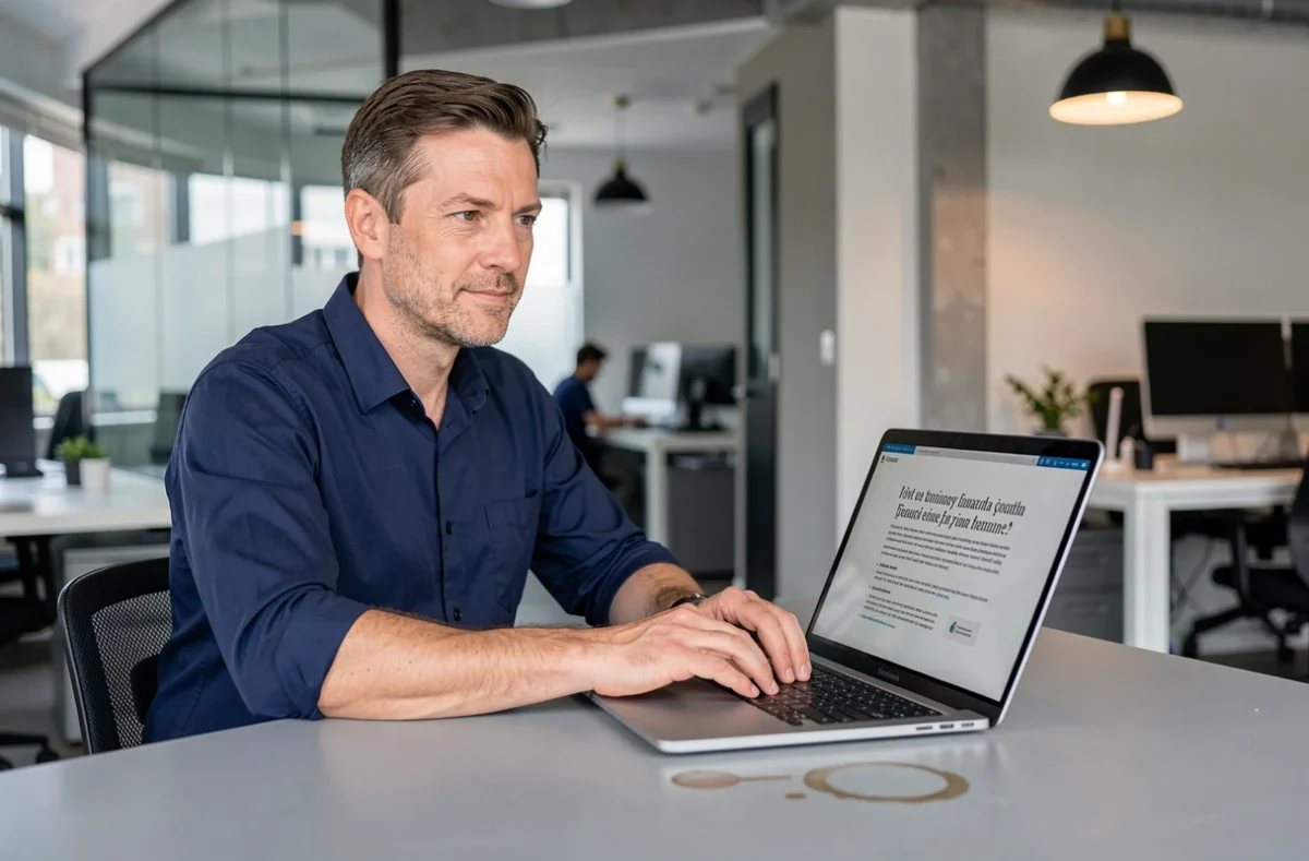 Homme professionnel traduisant une image en texte grâce à un outil en ligne sur son ordinateur portable