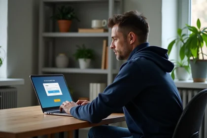 Homme d'âge moyen travaillant sur un ordinateur portable avec page de login routeur