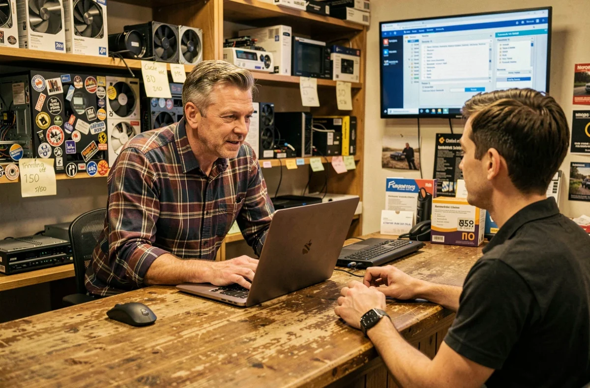 Technicien Info France conseillant un client dans son atelier de dépannage informatique à Chennevières-sur-Marne