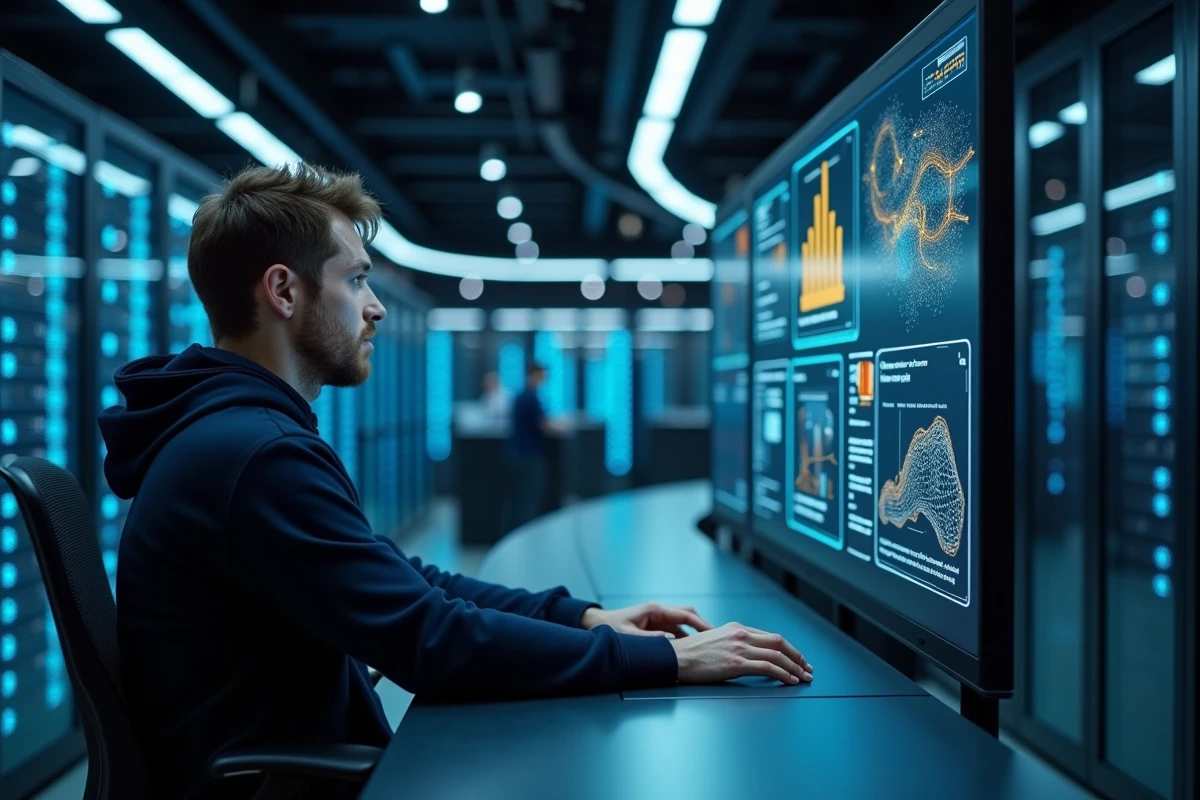 Ingénieur informatique travaillant sur une architecture cloud et IA pour une future console Xbox dans une salle serveur