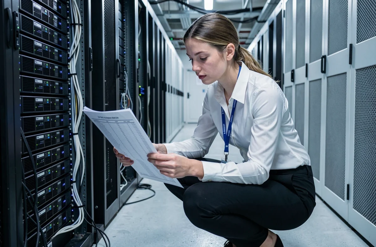 Ingénieure réseau examinant une table de routage IPv4 dans une salle de serveurs professionnelle