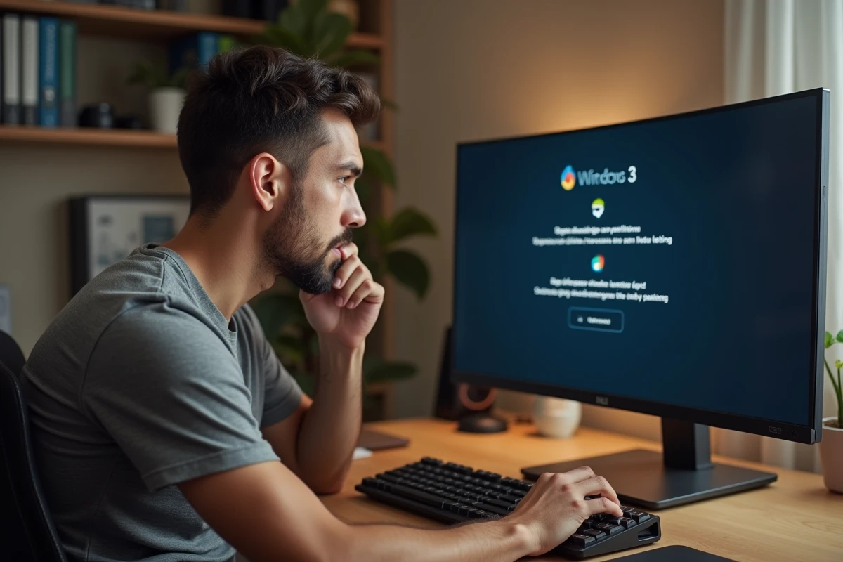 Homme installant un dual boot Windows 7 et Windows 10 sur un PC de bureau avec un écran affichant le gestionnaire de partitions