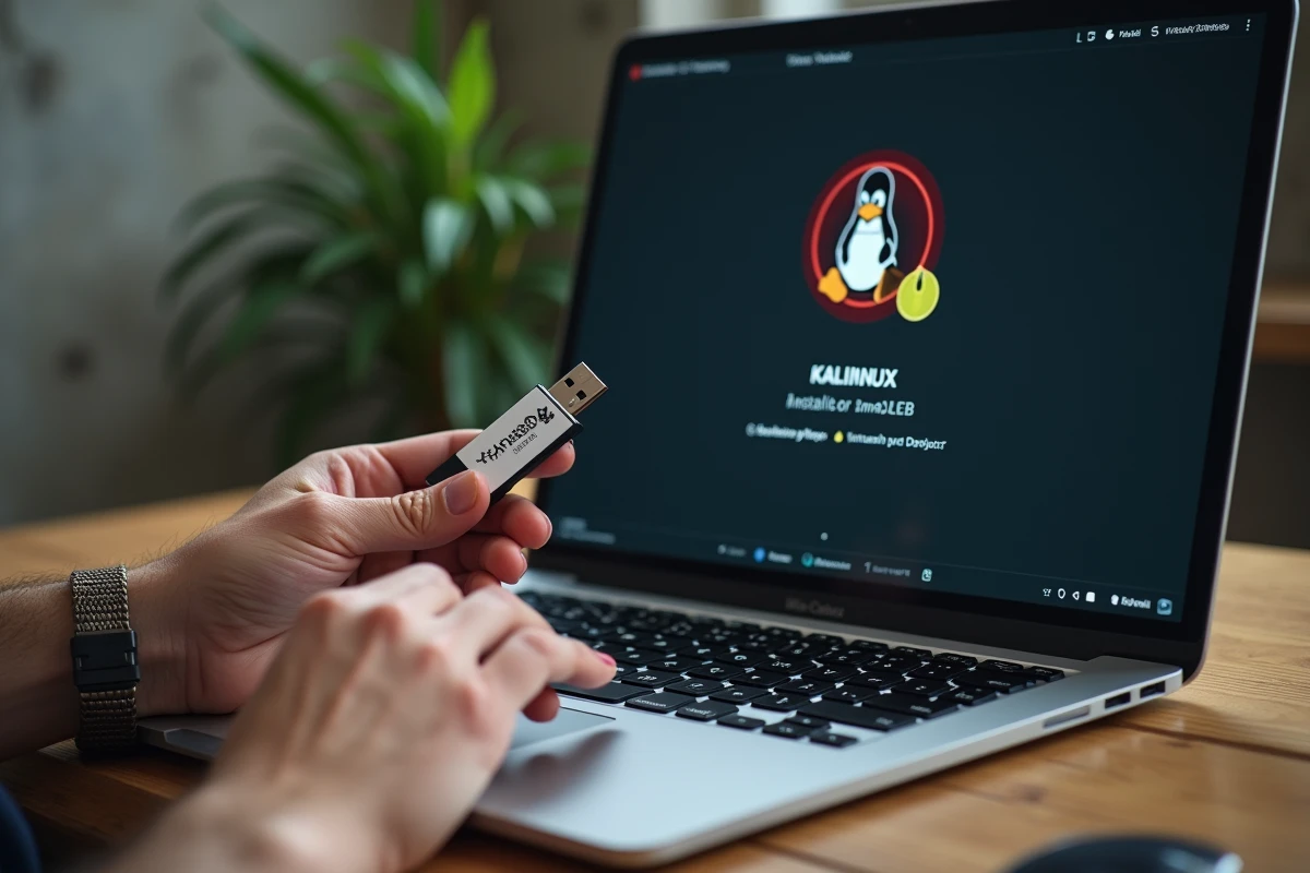Mains configurant une installation Kali Linux complète versus une VM légère sur un ultrabook dans un espace de coworking