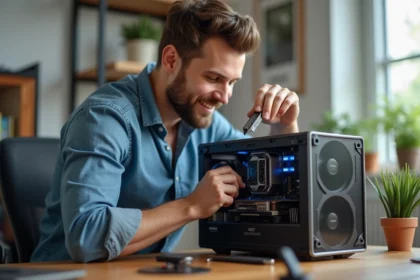 Jeune homme installant une carte graphique dans un PC moderne