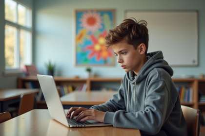 Jeune adolescent en jeans utilisant un ordinateur dans une salle de classe