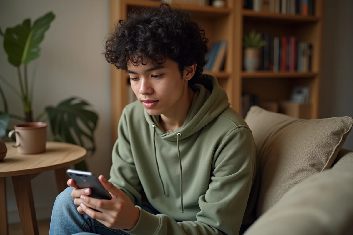 Jeune adulte épinglant un texte dans le presse-papier Android depuis son canapé