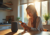 Jeune adulte utilisant un haut-parleur intelligent à la cuisine
