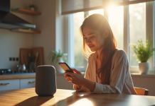 Jeune adulte utilisant un haut-parleur intelligent à la cuisine