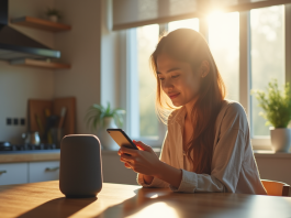 Jeune adulte utilisant un haut-parleur intelligent à la cuisine