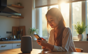 Jeune adulte utilisant un haut-parleur intelligent à la cuisine