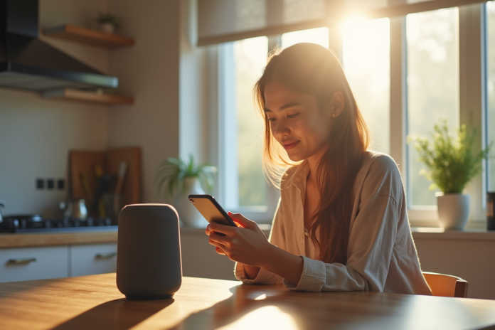 Jeune adulte utilisant un haut-parleur intelligent à la cuisine