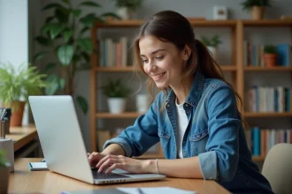 Jeune femme concentrée utilisant Canva dans son bureau moderne