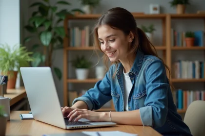 Jeune femme concentrée utilisant Canva dans son bureau moderne