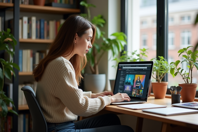 jeune-femme-bureau-ordinateur-1 Jeune femme concentrée sur son ordinateur dans un bureau cosy