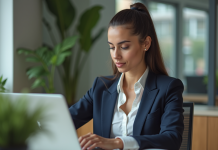 Jeune femme professionnelle travaillant sur un ordinateur dans un bureau moderne