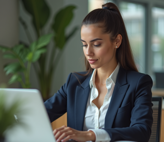 Jeune femme professionnelle travaillant sur un ordinateur dans un bureau moderne